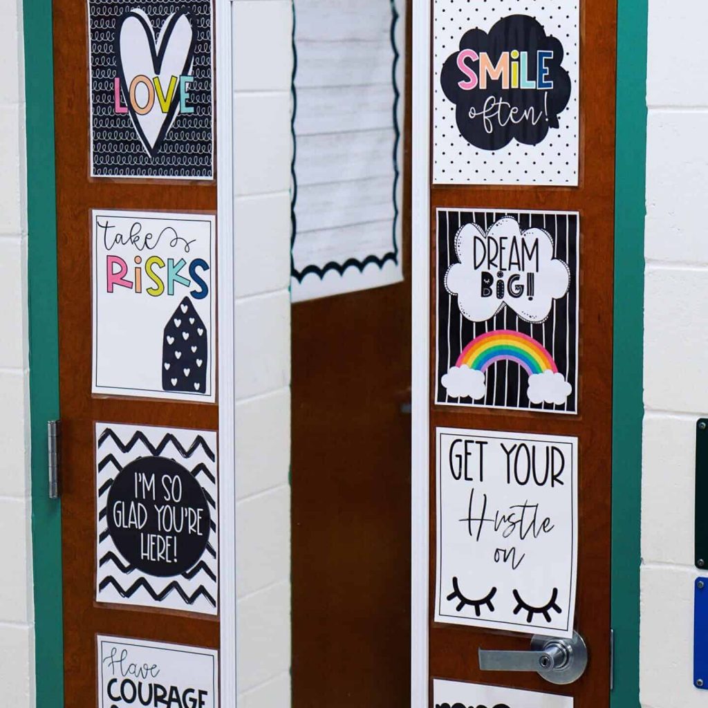 Bathroom door with growth mindset posters and mirror