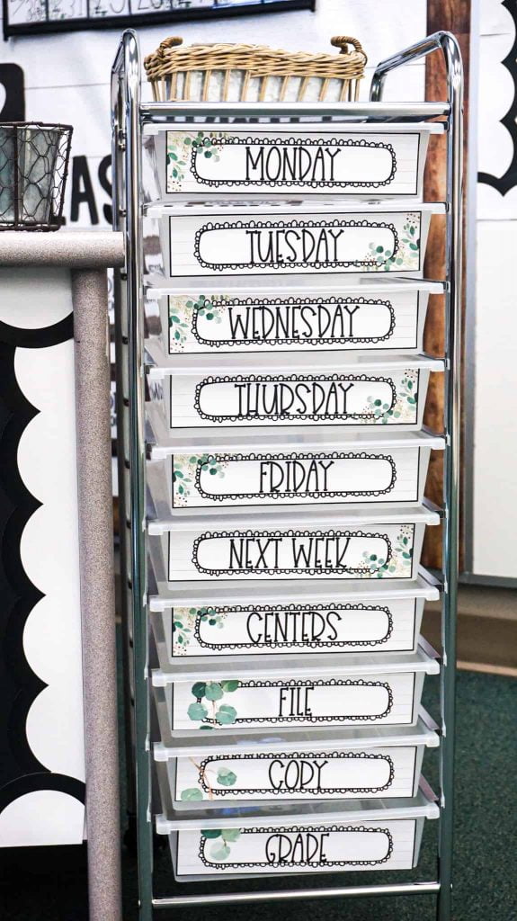 If you want to organize the classroom you're going to want a 10 drawer cart like this one from my Modern Farmhouse Classroom Makeover