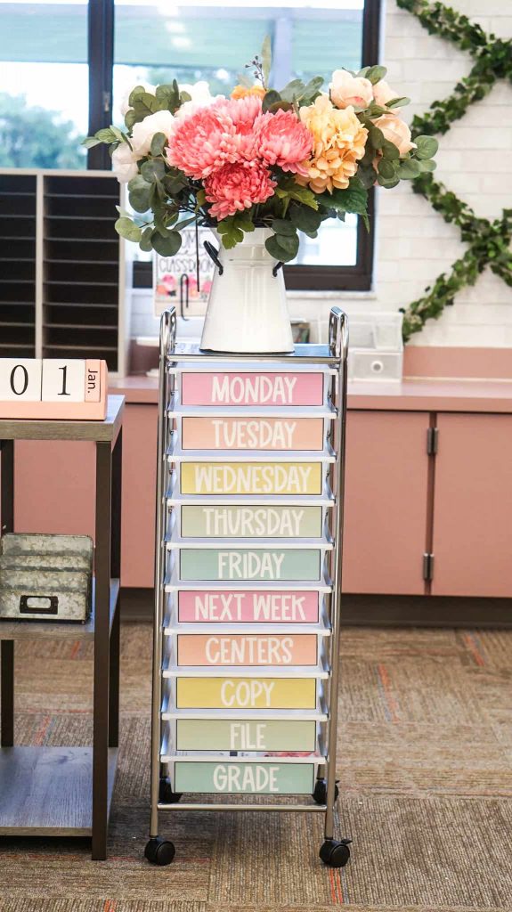 A 10 Drawer Cart to help teachers organize the class. This cart is from my Farmhouse Floral Classroom Makeover
