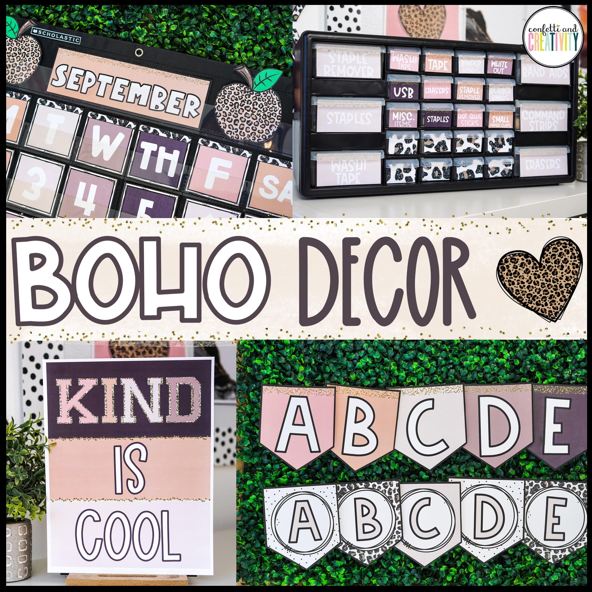 Shows the Boho Neutral Classroom Decor photos. Includes photos of the "Kind is Cool" motivational poster, alphabet banners, neutral teacher toolbox, and the calendar pack. The pictures show that the color palette has neutral colors and that it includes leopard prints.