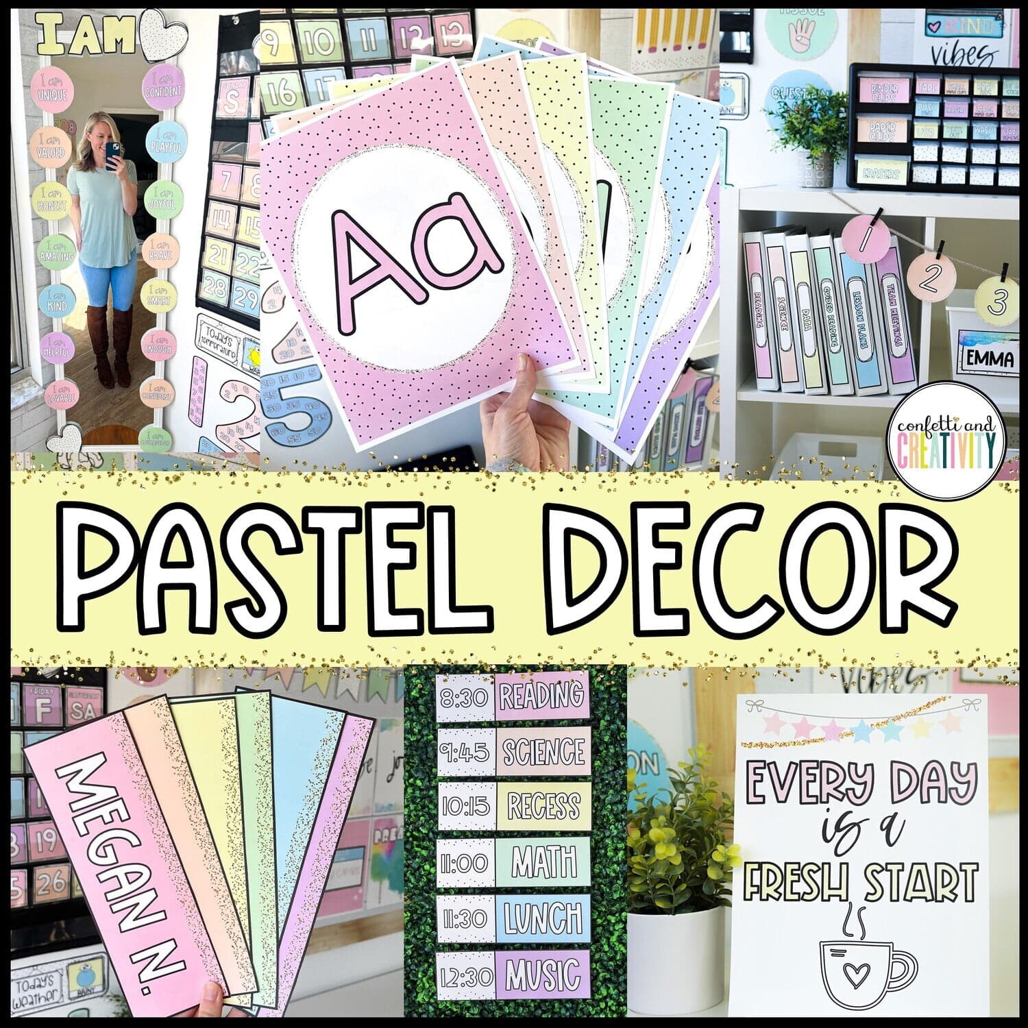 Shows different items in the pastel classroom theme. Includes things such as desk name plates, schedule cards, alphabet posters, and motivational posters. The theme features soft colors.