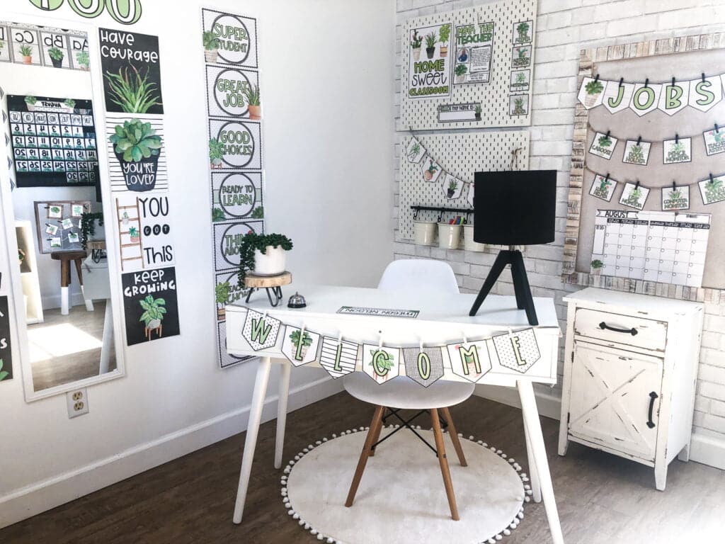 An airy, rustic, and fresh take on classroom decor! My plant bundle does the perfect job blending the bright greens and calming white tones.