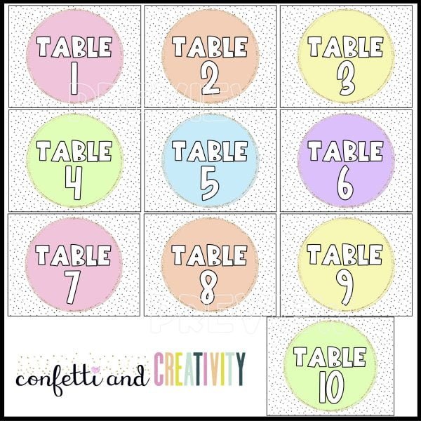 Pastel Table Numbers 1-10