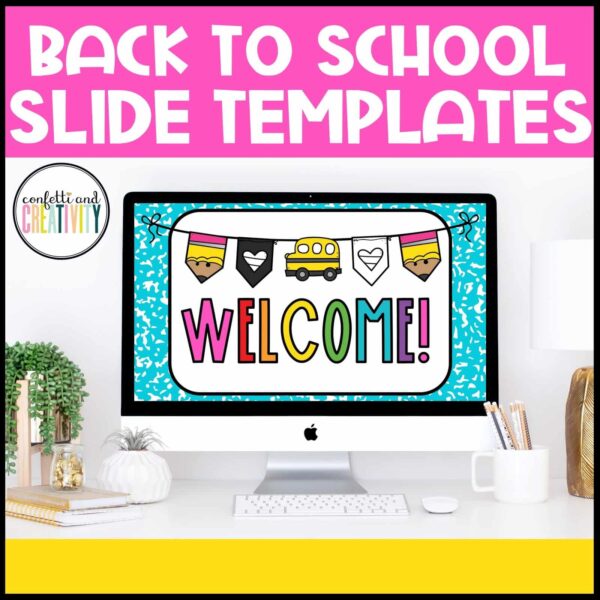 Shows the first slide of the Back to School Google Slides for a teacher to use in their classroom. These are perfect for both Google Slides and Powerpoint, and give a teacher the ability to create any type of slide they need for their lessons