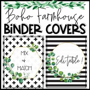 Shows two example binder covers with the text "editable" on it. The binder covers have a tribal pattern on theme, perfect for a boho farmhouse classroom