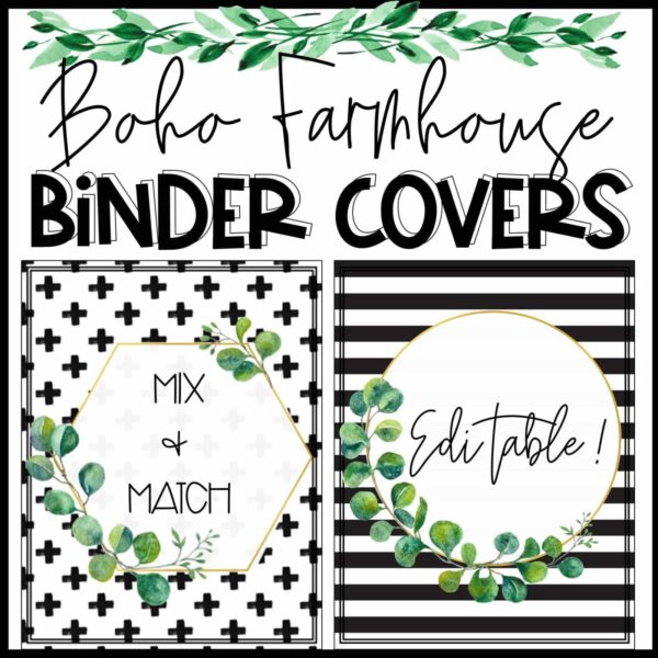 Shows two example binder covers with the text "editable" on it. The binder covers have a tribal pattern on theme, perfect for a boho farmhouse classroom