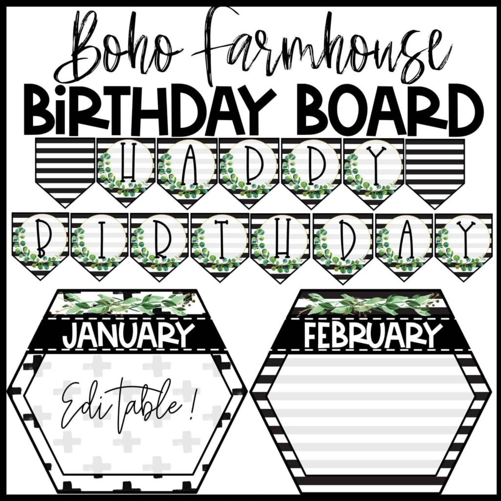 Shows snipped images from the boho farmhouse birthday board. The board includes a space for student names, a banner, and month cards so a teacher can easily set up their birthday board to celebrate their students.
