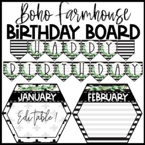 Shows snipped images from the boho farmhouse birthday board. The board includes a space for student names, a banner, and month cards so a teacher can easily set up their birthday board to celebrate their students.