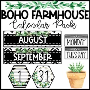 Shows design pieces from the boho farmhouse calendar pack. Includes things such a days of the week, the month cards, and other pieces that all have a boho farmhouse design.