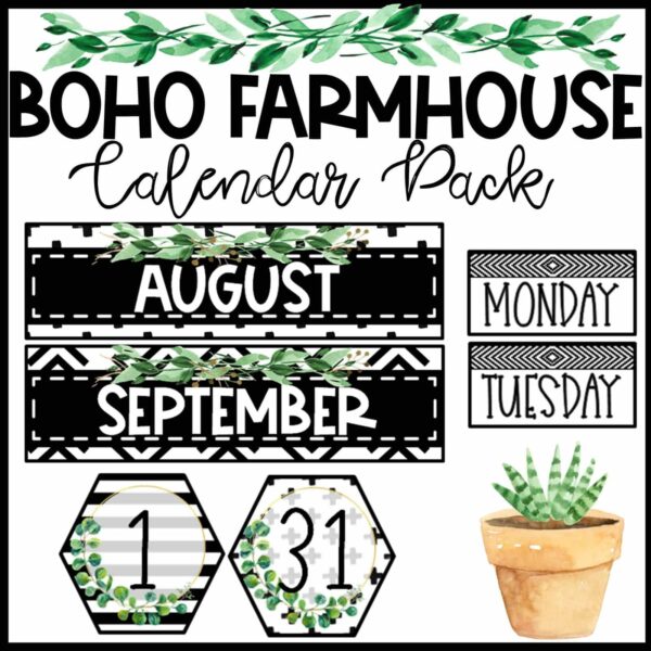 Shows design pieces from the boho farmhouse calendar pack. Includes things such a days of the week, the month cards, and other pieces that all have a boho farmhouse design.