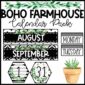 Shows design pieces from the boho farmhouse calendar pack. Includes things such a days of the week, the month cards, and other pieces that all have a boho farmhouse design.