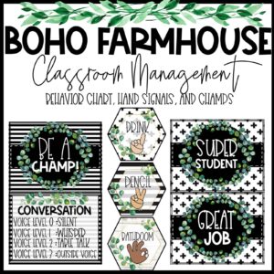 Shows examples of the classroom management tools. This includes items such as a behavior chart, hand signals, and CHAMPS Posters
