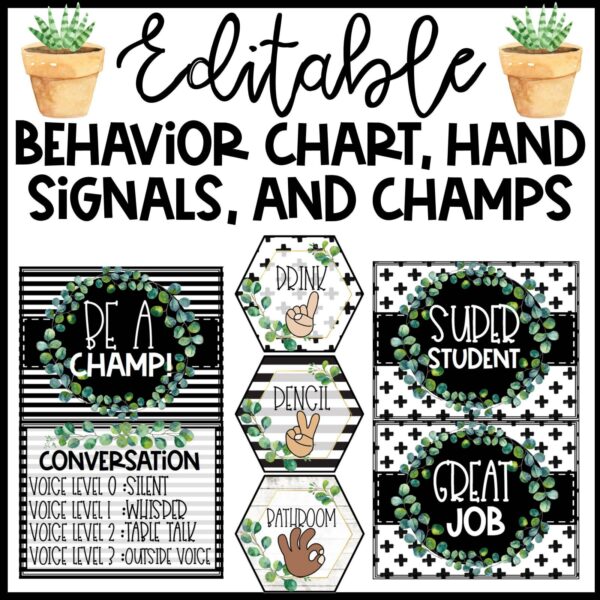 Boho Farmhouse Classroom Management Tools - Cover Photo Shows examples of the classroom management tools. This includes items such as a behavior chart, hand signals, and CHAMPS Posters