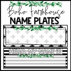 Shows a blank desk nameplate from the Boho Farmhouse Classroom Theme. The design includes plenty of tribal patterns and greenery.