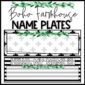 Shows a blank desk nameplate from the Boho Farmhouse Classroom Theme. The design includes plenty of tribal patterns and greenery.