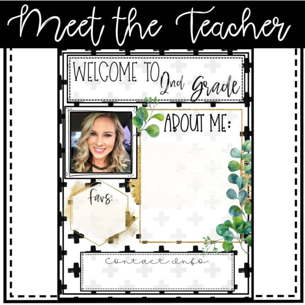 Boho Farmhouse Meet the Teacher Template - Cover Photo Shows an example boho farmhouse meet the teacher template. The template is blank in the picture, but it allows a teacher to fill it out with personal information. Perfect for open house or sending to parents in an email.