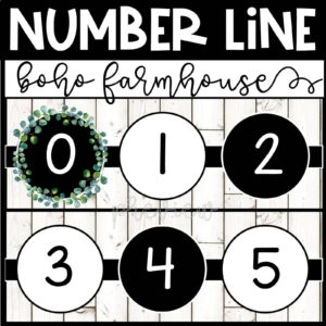 Shows the boho farmhouse number line from numbers 0 to 6. The number line features a boho tribal pattern and farmhouse greenery.