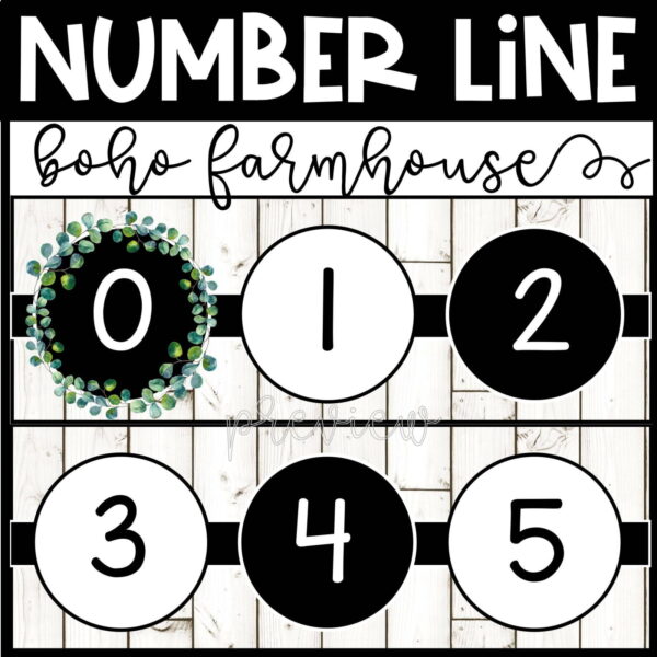 Shows the boho farmhouse number line from numbers 0 to 6. The number line features a boho tribal pattern and farmhouse greenery.