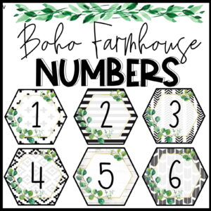Shows example number cards from the boho farmhouse classroom theme. Includes numbers 1-6, with each number on a hexag, and different background design.
