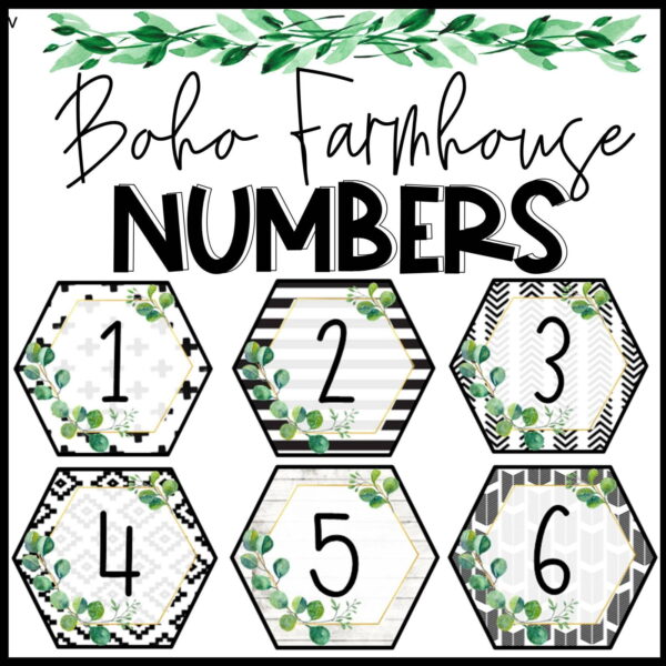 Shows example number cards from the boho farmhouse classroom theme. Includes numbers 1-6, with each number on a hexag, and different background design.