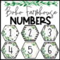 Shows example number cards from the boho farmhouse classroom theme. Includes numbers 1-6, with each number on a hexag, and different background design.