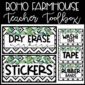 Shows a close up of the teacher toolbox labels from the boho farmhouse classroom theme. Includes examples such as dry erase markers, washi tape, and other items.