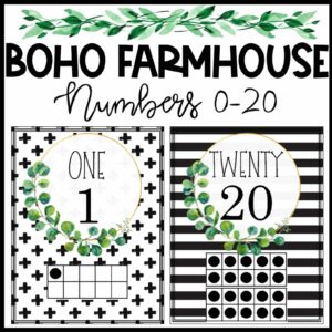 Shows example ten frame posters from the boho farmhouse classroom theme. Includes number 1 and 20 as examples with two different designs. Each design features farmhouse greenery and tribal black and white patterns.