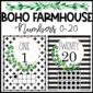 Shows example ten frame posters from the boho farmhouse classroom theme. Includes number 1 and 20 as examples with two different designs. Each design features farmhouse greenery and tribal black and white patterns.