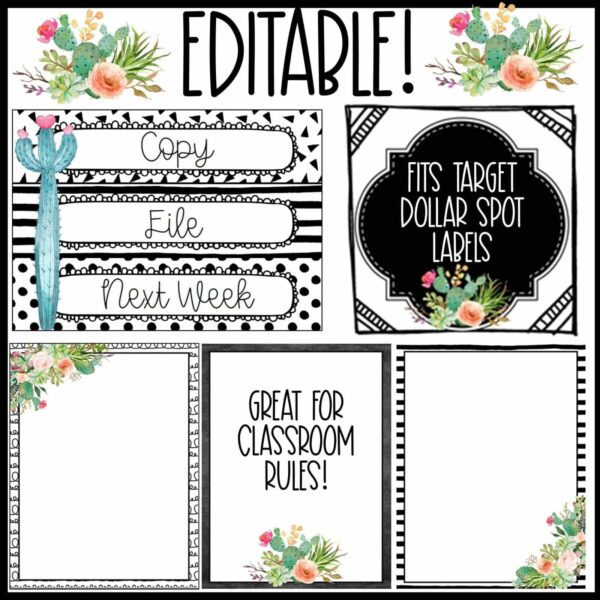 Cactus Classroom Theme Decor Bundle - Classroom organization Shows editable posters and labels decorated with cactus clipart to help a teacher stay organized