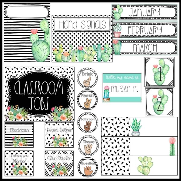 Cactus Classroom Theme Decor Bundle - Organizational Tools Shows Classroom organizational tools such as labels, teacher toolbox, and so much more. Everything is designed with black and white patterns and cactus clipart