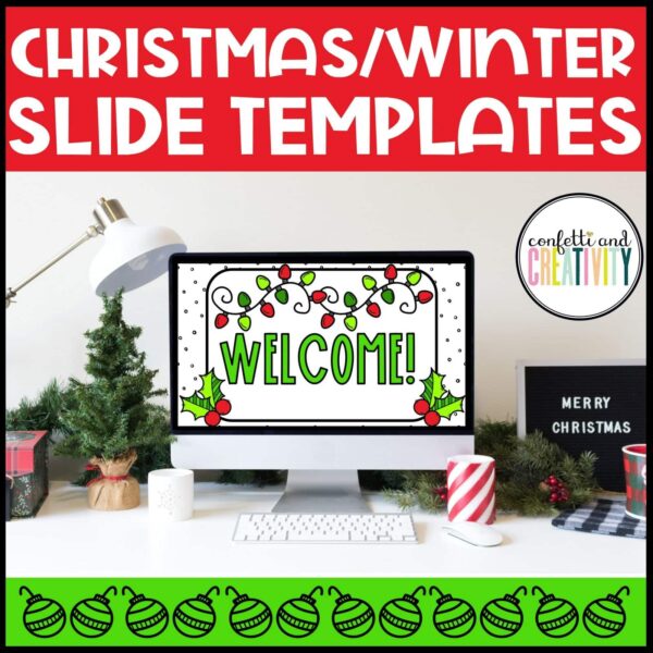 Shows the first slide from the Christmas Google Slide Templates. Also compatible with Powerpoint slides