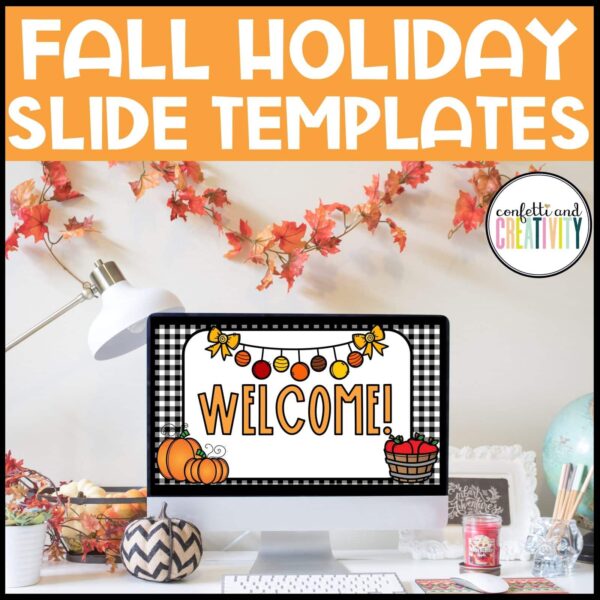 Fall Google Slide Template - Cover Photo Shows the first slide from the Fall google slide templates. Compatible with Powerpoint or Google Slides, and allows a teacher to create anything they need for their classroom