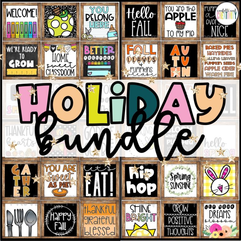 Shows many different posters that come in this holiday bundle that includes 9 different posters for 10 different holidays. These posters are designed to decorate classrooms