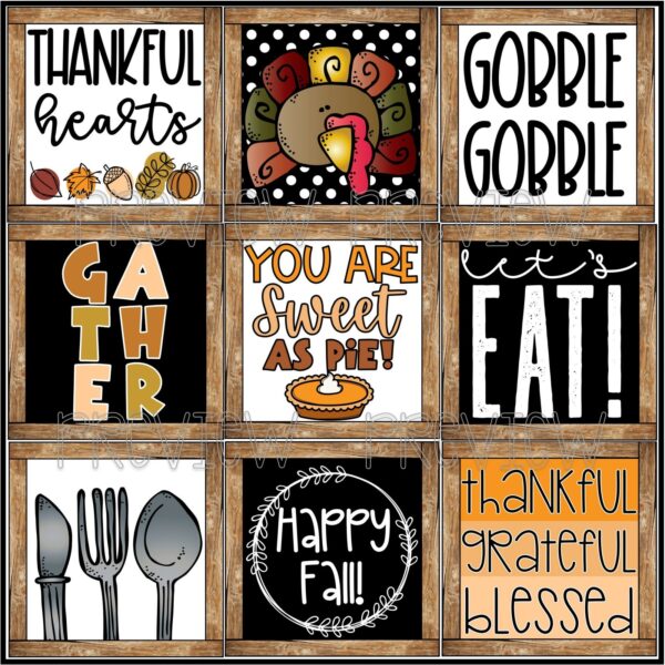 Farmhouse Holiday Posters Bundle - Thanksgiving Posters Cover Shows all 9 Thanksgiving Posters on a bulletin board with a banner