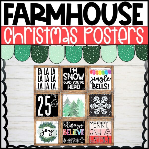 Farmhouse Holiday Posters Bundle - Christmas Cover Photo Shows all 9 Christmas Posters on a bulletin board with a banner