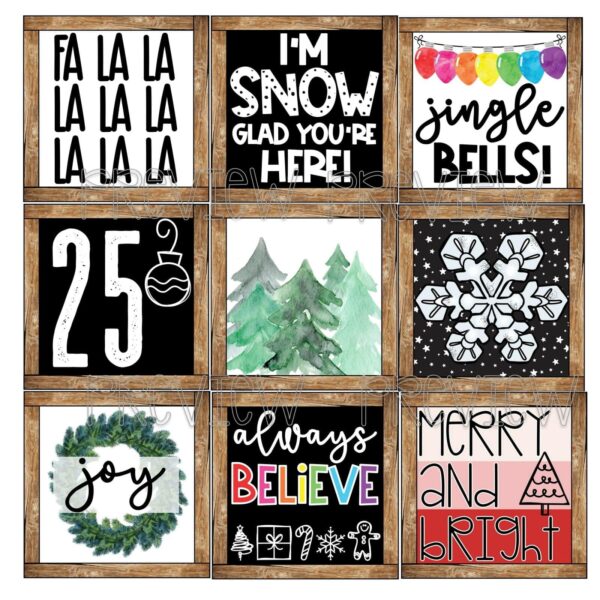 Farmhouse Holiday Posters Bundle - Christmas Posters Cover Shows all 9 Christmas Posters on a bulletin board with a banner