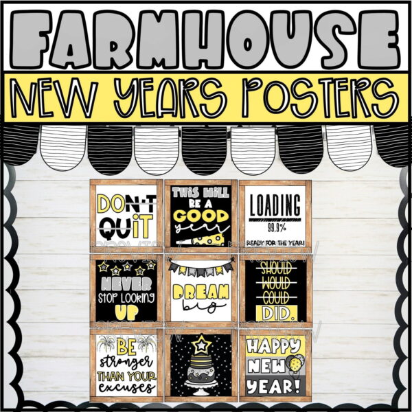 Farmhouse Holiday Posters Bundle - New Year's Cover Photo Shows all 9 New Year's Day Posters on a bulletin board with a banner