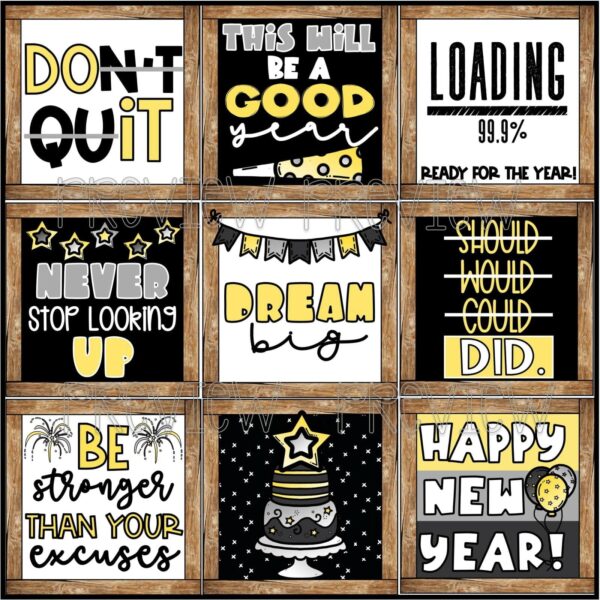 Farmhouse Holiday Posters Bundle - New Year's Posters Cover Shows all 9 New Year's Day Posters on a bulletin board with a banner