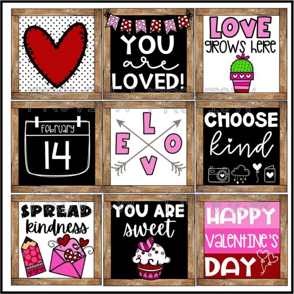 Farmhouse Holiday Posters Bundle - Valentine's Day Posters Cover Shows all 9 Valentine's Day Posters on a bulletin board with a banner
