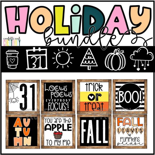 Farmhouse Holiday Posters Bundle - Cover Photo Shows many different posters that come in this holiday bundle that includes 9 different posters for 10 different holidays. These posters are designed to decorate classrooms