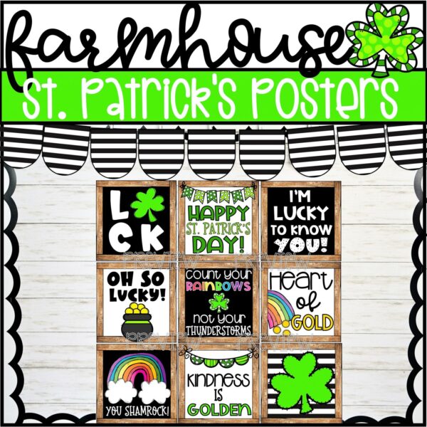 Farmhouse Holiday Posters Bundle - St. Patrick's Day Cover Photo Shows all 9 St. Patrick's Day Posters on a bulletin board with a banner