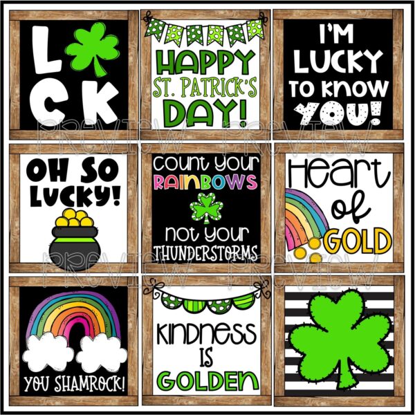 Farmhouse Holiday Posters Bundle - St. Patrick's Day Posters Cover Shows all 9 St. Patrick's Day Posters on a bulletin board with a banner