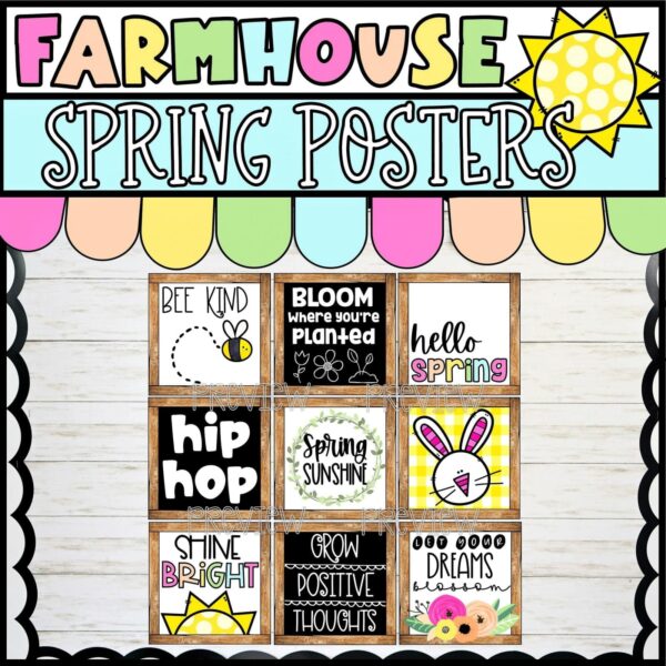 Farmhouse Holiday Posters Bundle - Spring Day Cover Photo Shows all 9 Spring Posters on a bulletin board with a banner