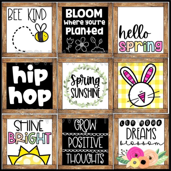 Farmhouse Holiday Posters Bundle - Spring Day Posters Cover Shows all 9 Spring Posters on a bulletin board with a banner