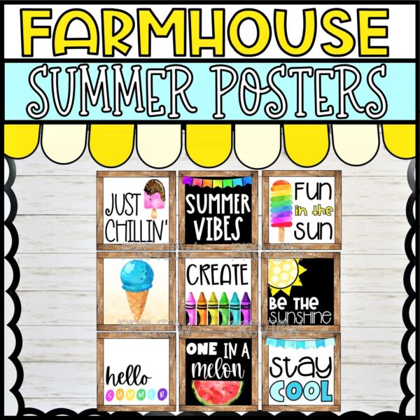 Farmhouse Holiday Posters Bundle - Summer Posters Cover Shows all 9 Summer Posters on a bulletin board with a banner