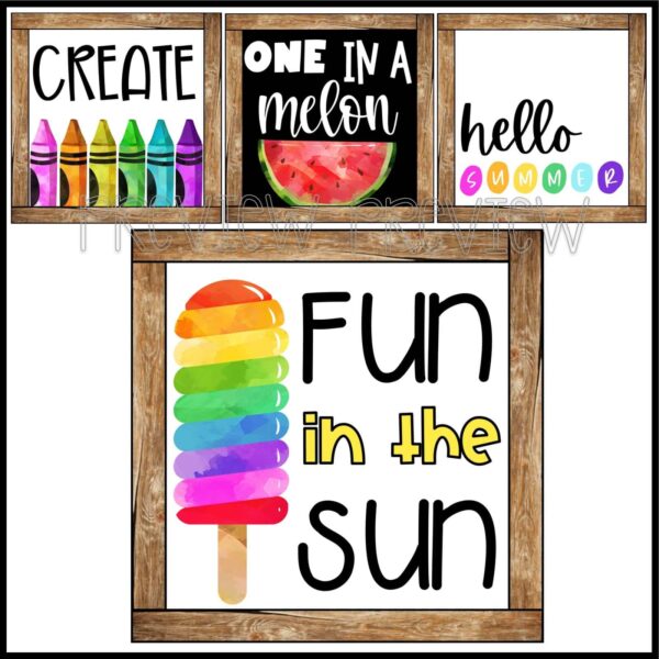 Farmhouse Holiday Posters Bundle - Summer Posters Shows all 9 Summer Posters on a bulletin board with a banner