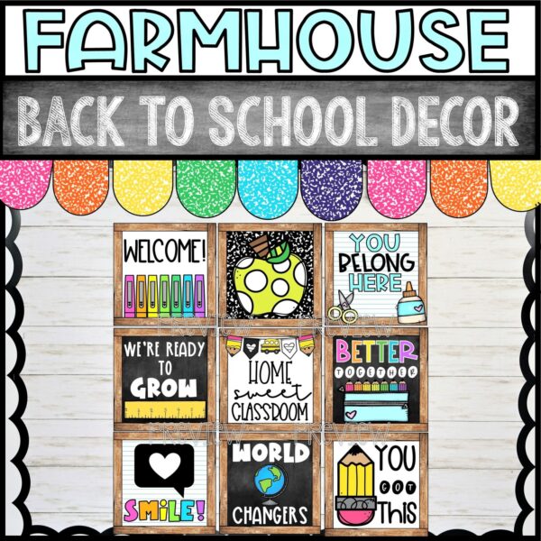 Farmhouse Holiday Posters Bundle - Back to School Day Cover Photo Shows all 9 Back to School Posters on a bulletin board with a banner