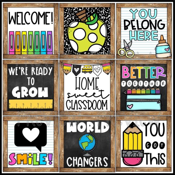 Farmhouse Holiday Posters Bundle - Back to School Day Posters Shows all 9 Back to School Posters on a bulletin board with a banner