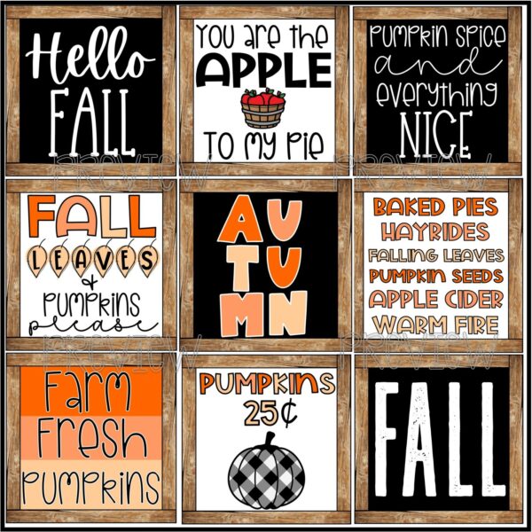 Farmhouse Holiday Posters Bundle - Fall Postesr Shows all 9 Fall posters with a wooden frame