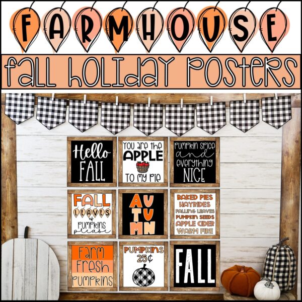 Farmhouse Holiday Posters Bundle - Fall Posters Cover Shows all 9 Fall Posters on a bulletin board with a banner